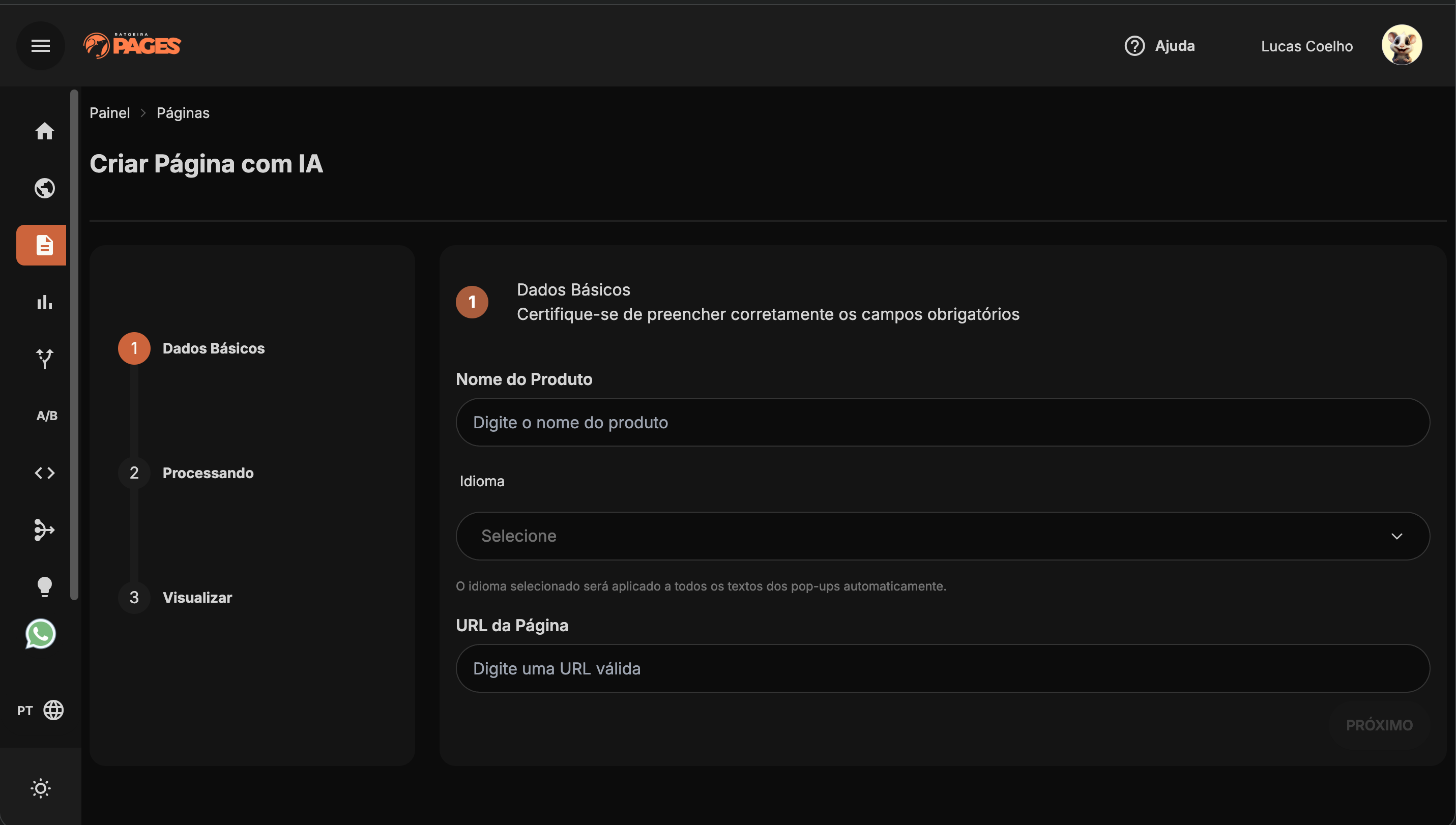 Interface de criação de páginas com IA no Ratoeira Pages